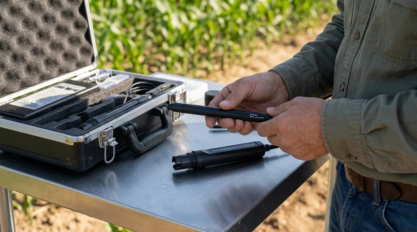 FieldScout vezeték nélküli ISFET pH-csereszonda – tompa hegyű, a 2127W szondához – használat közben, AI-generált kép