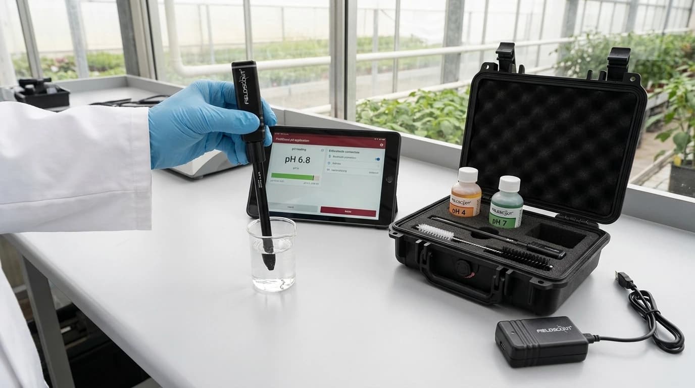 FieldScout vezeték nélküli ISFET pH-szonda – tompa heggyel, Bluetooth-kapcsolattal – használat közben, AI-generált kép