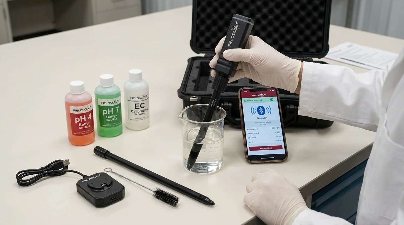 FieldScout vezeték nélküli ISFET pH/EC-szonda – tompa heggyel, Bluetooth-kapcsolattal – használat közben, AI-generált kép