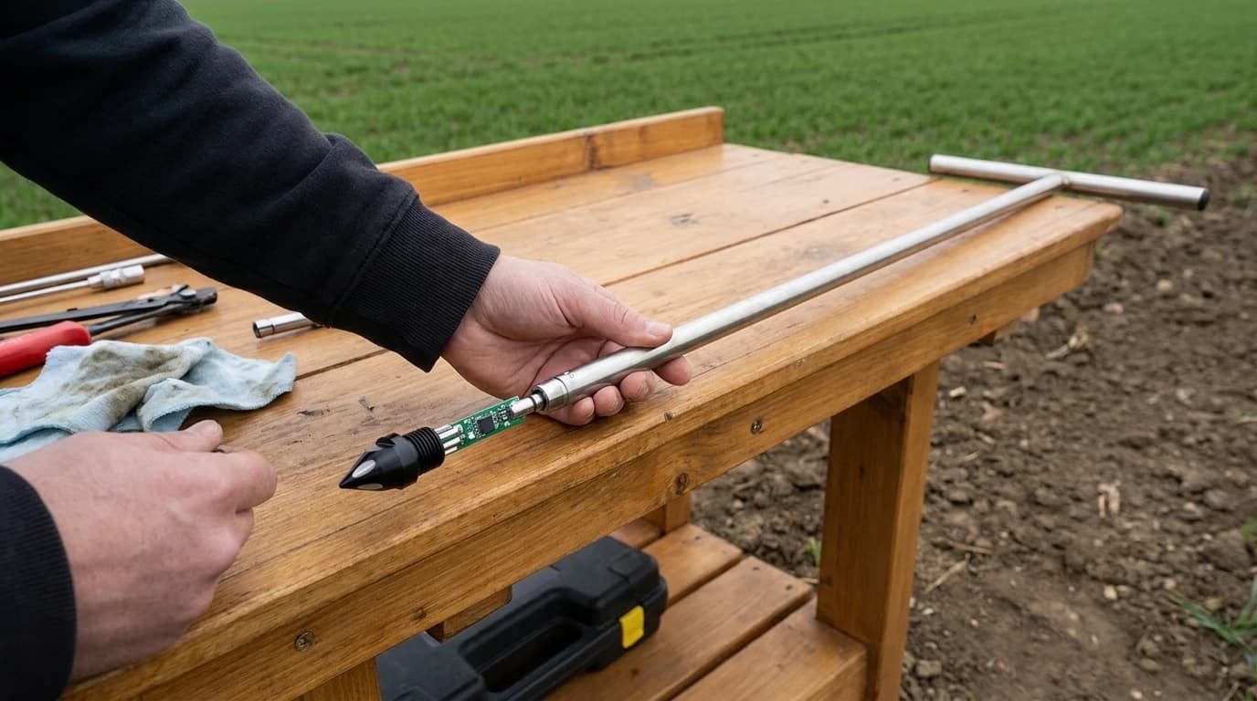 Cserehegy a FieldScout 61 cm-es, T-fogantyús talaj-EC-szondájához – használat közben, AI-generált kép