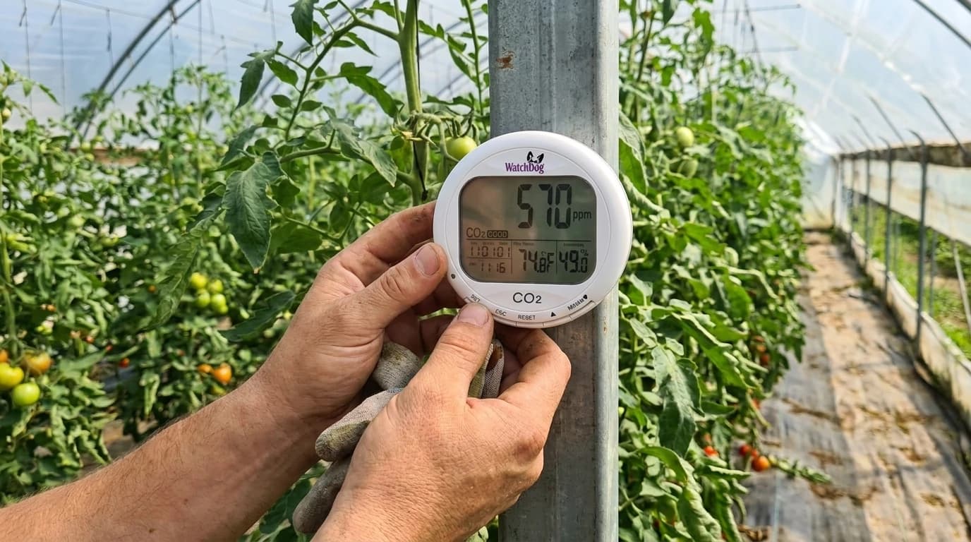 WatchDog A160 – hőmérséklet-, páratartalom- és CO₂-mérő adatgyűjtő – használat közben, AI-generált kép