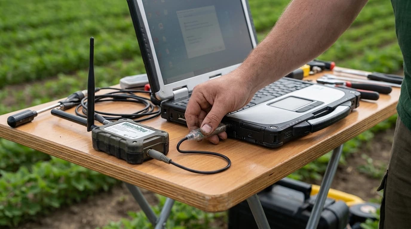 USB–3,5 mm-es sztereó dugós adapter – WatchDog eszközök számítógépes csatlakoztatásához – használat közben, AI-generált kép