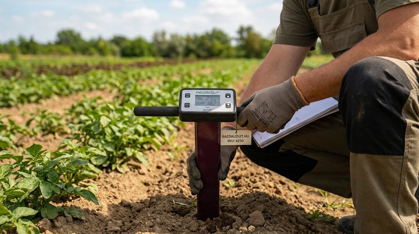 FieldScout TDR 250 talajnedvesség- és felszínihőmérséklet-mérő – használat közben, AI-generált kép