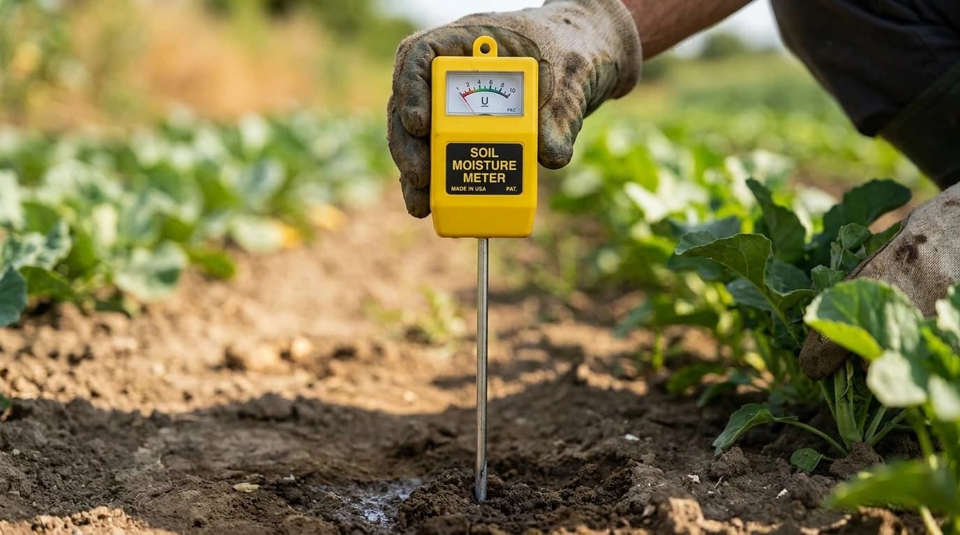 Analóg talajnedvesség-mérő, 22,9 cm – használat közben, AI-generált kép