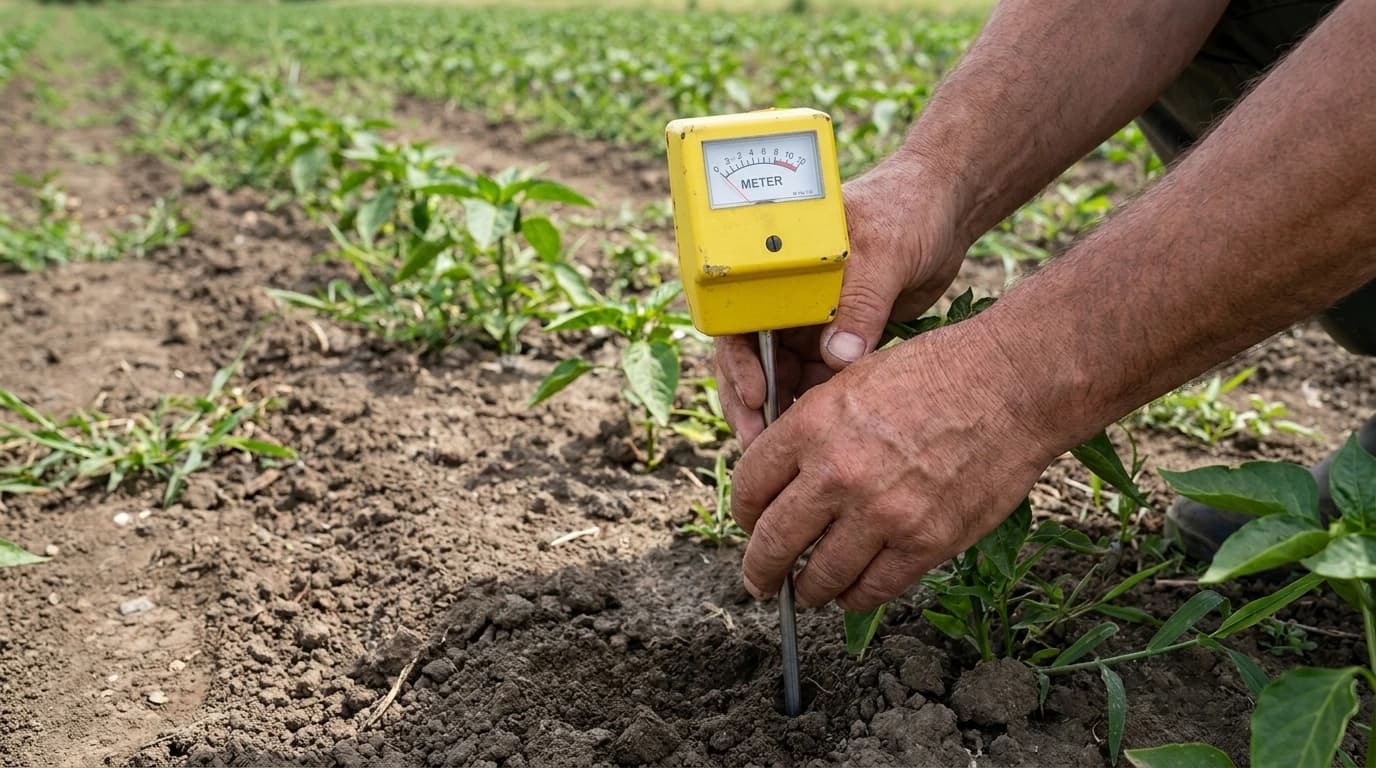 Analóg talajnedvesség-mérő, 61 cm – használat közben, AI-generált kép