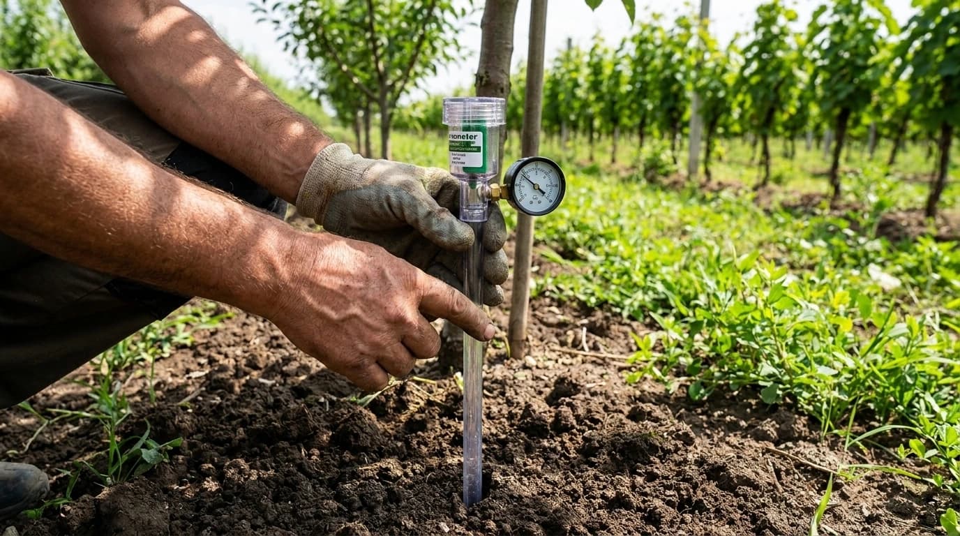 Irrometer tenziométer, 45,7 cm – használat közben, AI-generált kép