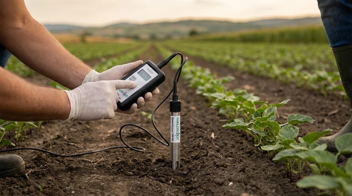 FieldScout talajszenzor-leolvasó – WaterScout és Watermark érzékelőkhöz – használat közben, AI-generált kép