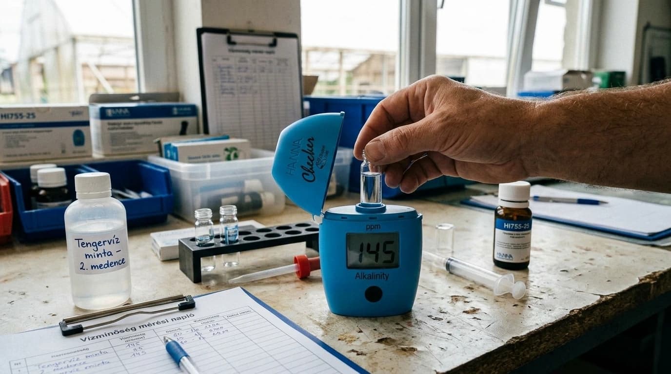 HI755 Checker HC kolorimeter – tengervíz lúgosság mérése – használat közben, AI-generált kép