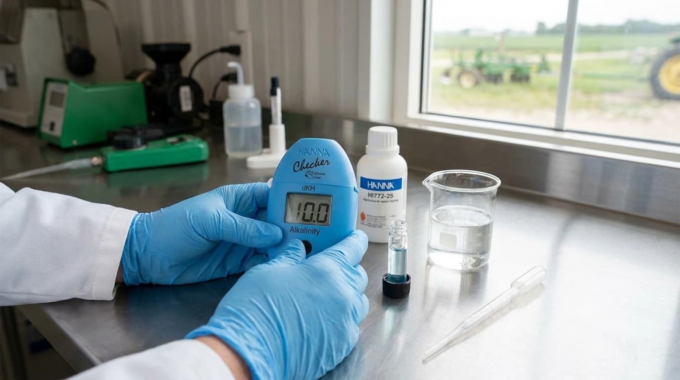 HI772 Checker HC kolorimeter – tengervíz lúgosság dKH mérése – használat közben, AI-generált kép