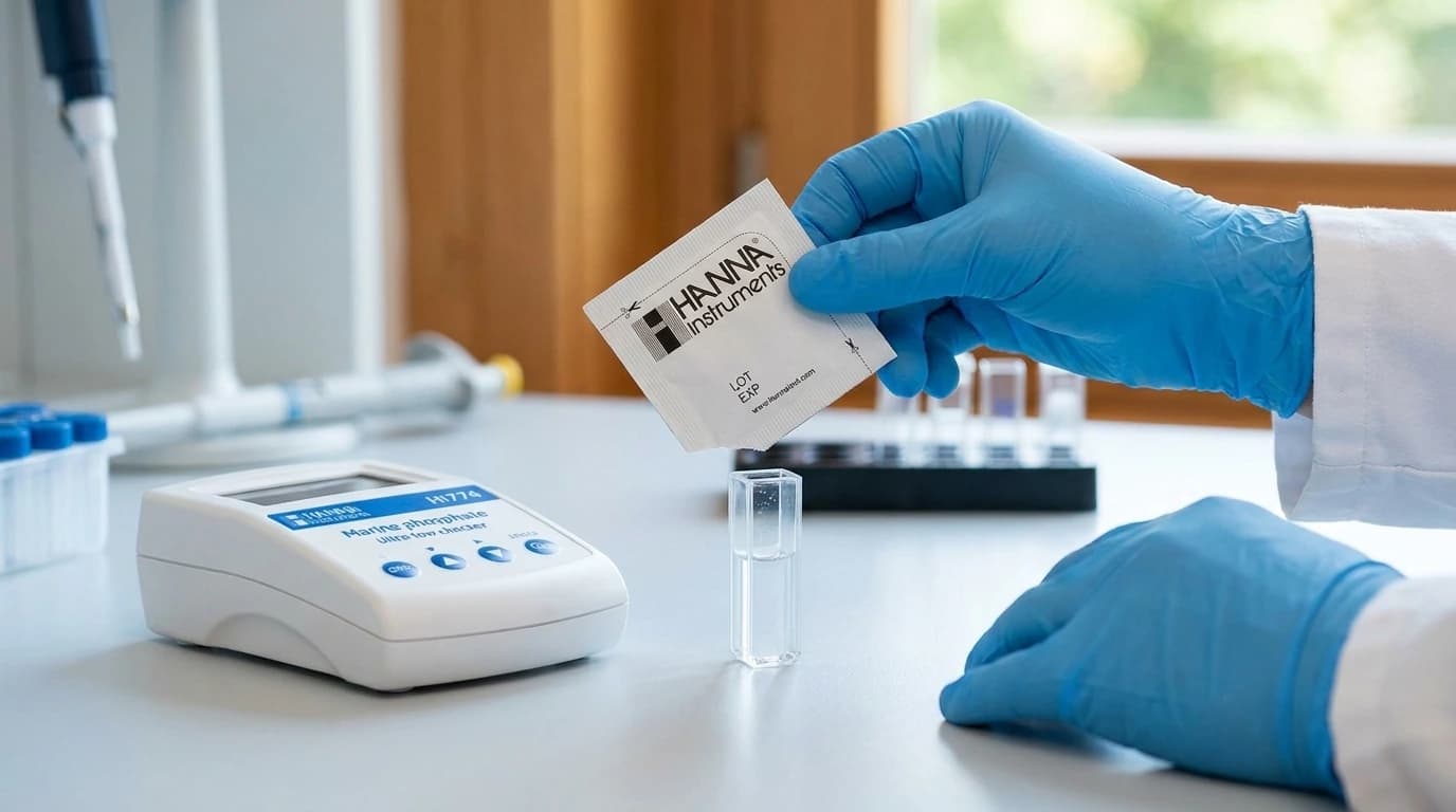 HI774-25 tengeri foszfát reagens (ultra alacsony) – HI774 műszerhez – használat közben, AI-generált kép