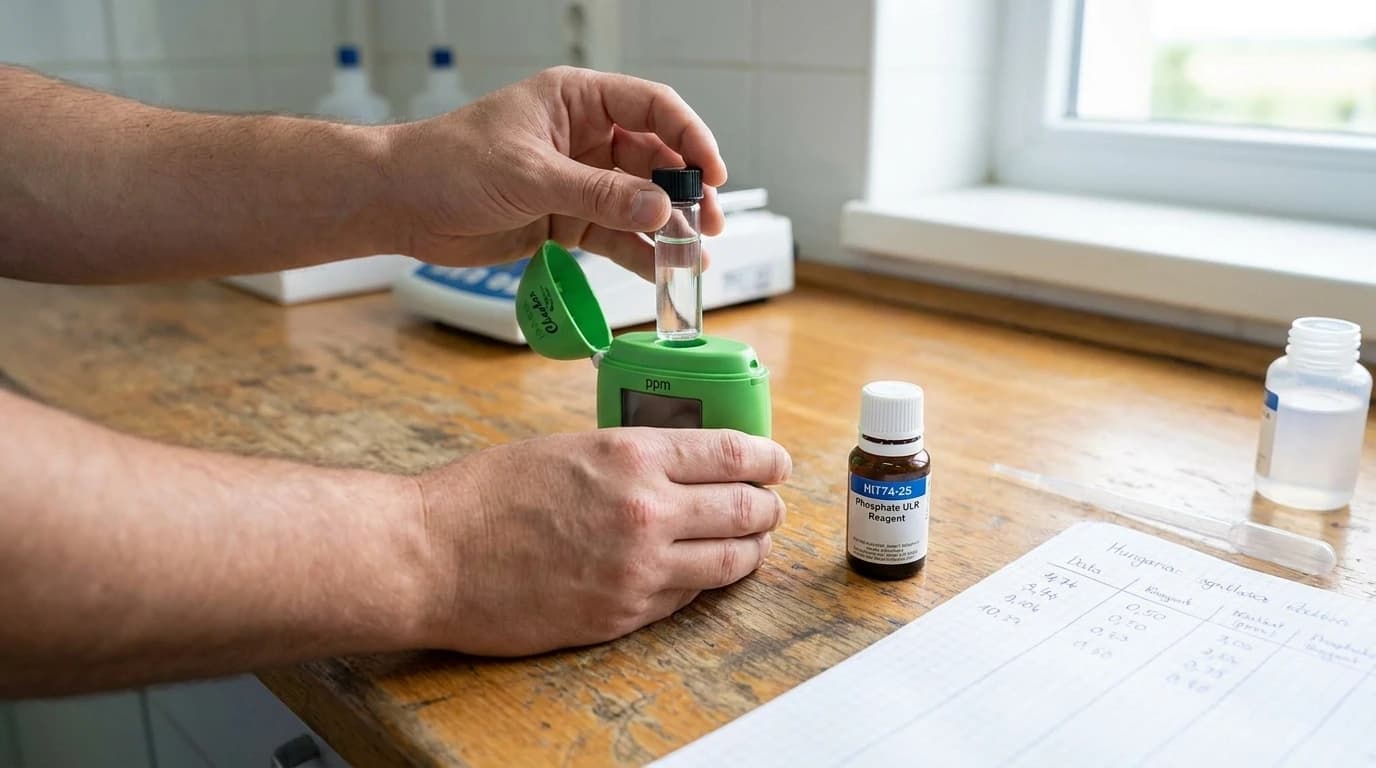 HI774 Checker HC kolorimeter – foszfát ultra alacsony mérése – használat közben, AI-generált kép