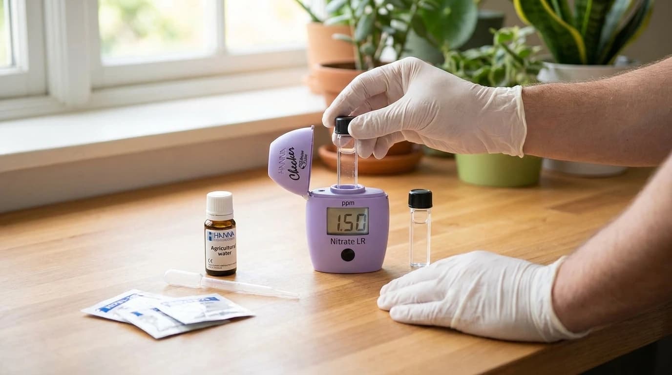 HI781 Checker HC kolorimeter – nitrát alacsony mérése – használat közben, AI-generált kép
