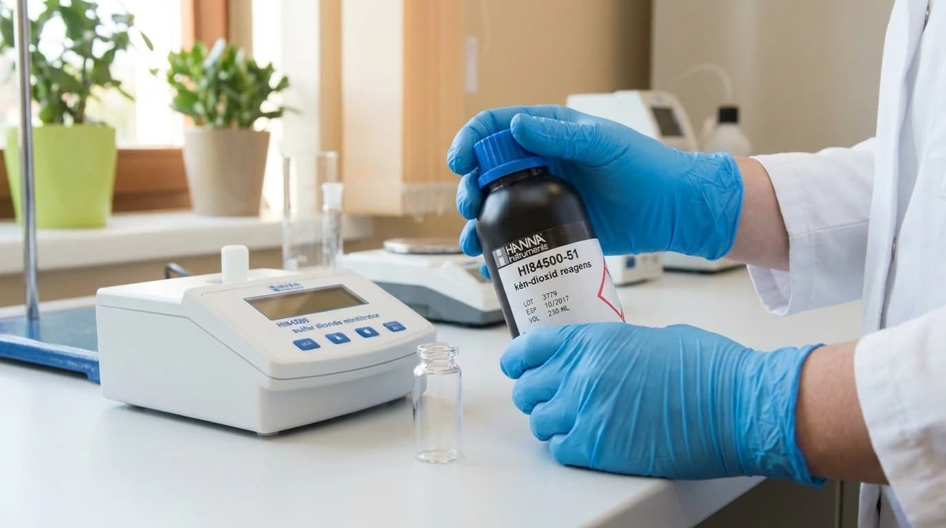 HI84500-51 kén-dioxid reagens – HI84500 műszerhez – használat közben, AI-generált kép
