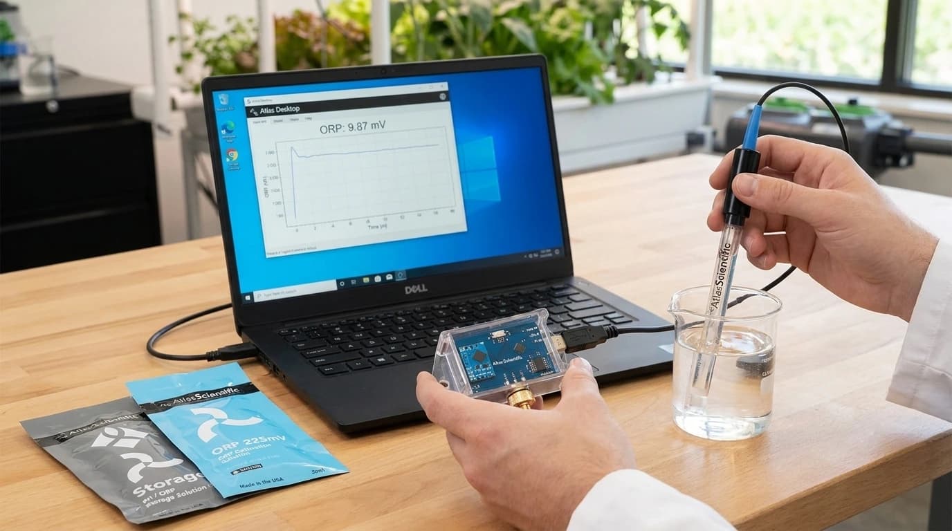 Víztisztítási ORP (redox) mérő – USB, PC szoftverrel – használat közben, AI-generált kép